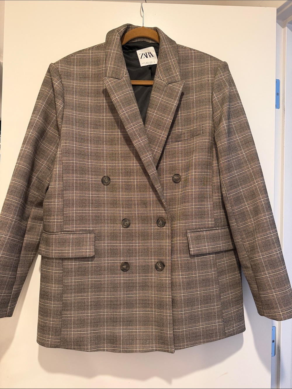 Zara Double-Breasted Plaid Blazer in Brown and Gray